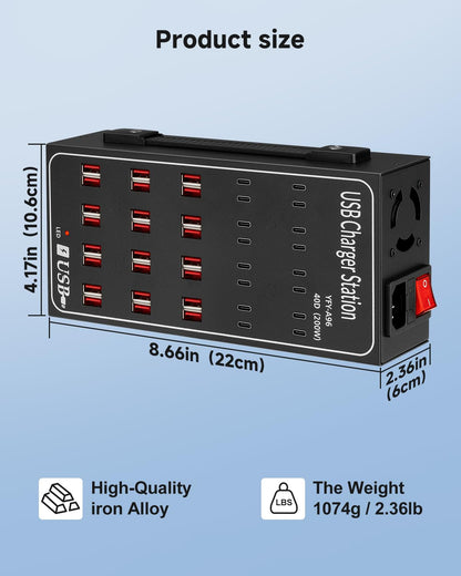 200W USB~c Charging Station, 40 Port (24 USB A & 16 USB~C Port) USB~C Charger Block, Fast Charging Station for Multiple Devices, Desktop USB Charger Compatible for iPhone, iPad, Tablets