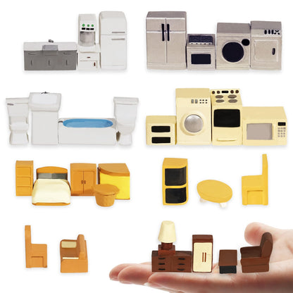 Hiawbon 31PCS Miniature Furniture Set, 1：48 Scale Resin Miniature Accessories and Furniture, Kitchen Bathroom and Living Room Set, Miniature Furniture Kit for Fairy Garden Home Decor