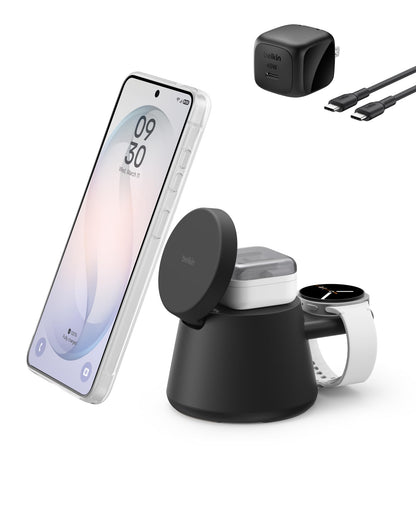 Belkin 3-in-1 Wireless Charging Station for Samsung Galaxy S26, Android - Qi2.2 25W Magnetic Charger for Pixel 10, iPhone 17, USB C Port for Galaxy, Pixel, & Apple Watch (Watch Charger Not Included)