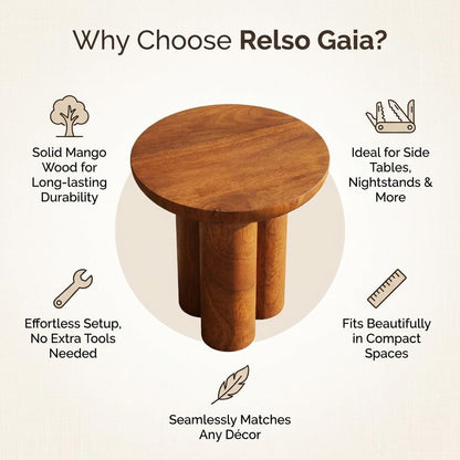 Relso Gaia Round End Table for Living Room and Farmhouse | Solid Mango Wood for Rustic Elegance | Ideal for Side Tables, Nightstands & More | Wood Side Table Round for Bedroom (Walnut)