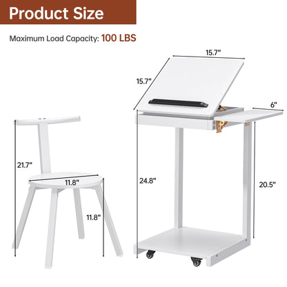 OtterOasis C Shaped End Table, Rolling Side Table with 4-Way Convertible Desktop, Wooden C Table with Multi-Functional Folding Tray & Small Chair, Side Table for Couch, Living Room, Bedroom, White