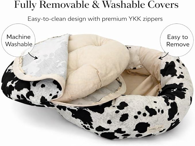 Round Dog Bed – Natural Canvas, Removable Washable Cover, Raw Cotton or Latex Fill, Hypoallergenic Non-Toxic, Made in USA (Cow Print Black White, Small, Soft Comfort – Organic Latex)