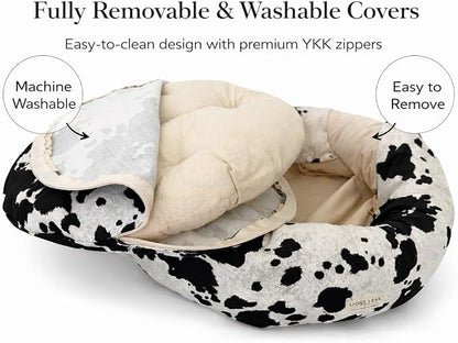 Round Dog Bed – Natural Canvas, Removable Washable Cover, Raw Cotton or Latex Fill, Hypoallergenic Non-Toxic, Made in USA (Cow Print Black White, Medium, Soft Comfort – Organic Latex)