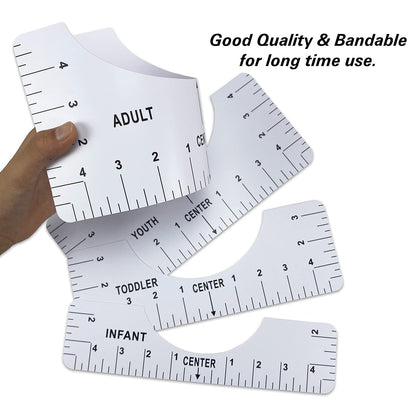 T-Shirt Alignment Ruler Heat Resistant Tape 10mm X 33m 108ft, PTFE Teflon Transfer Sheet 16 x 20-4 Rulers, 2 Rolls Heat Resistant Tape, 3 Packs PTFE Teflon Sheet and 1 Tape Measure Included