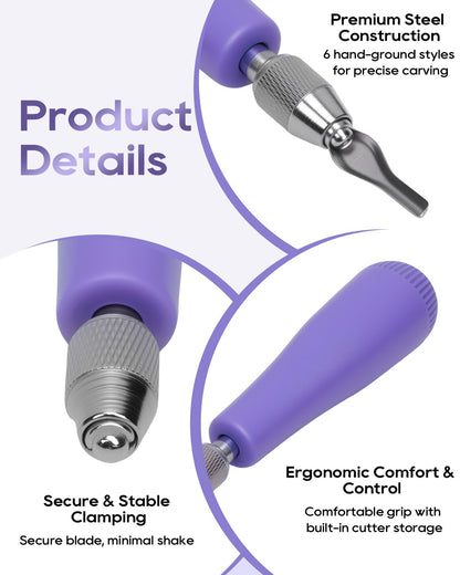 UCEC Linocut Carving Tools Linoleum Cutter Assortment for Block Printing Lino Cutting Tools for DIY Rubber Stamp Carving Kit & Beginners 6 Blades Universal Size Purple With A Brayer Roller(4 Inch)