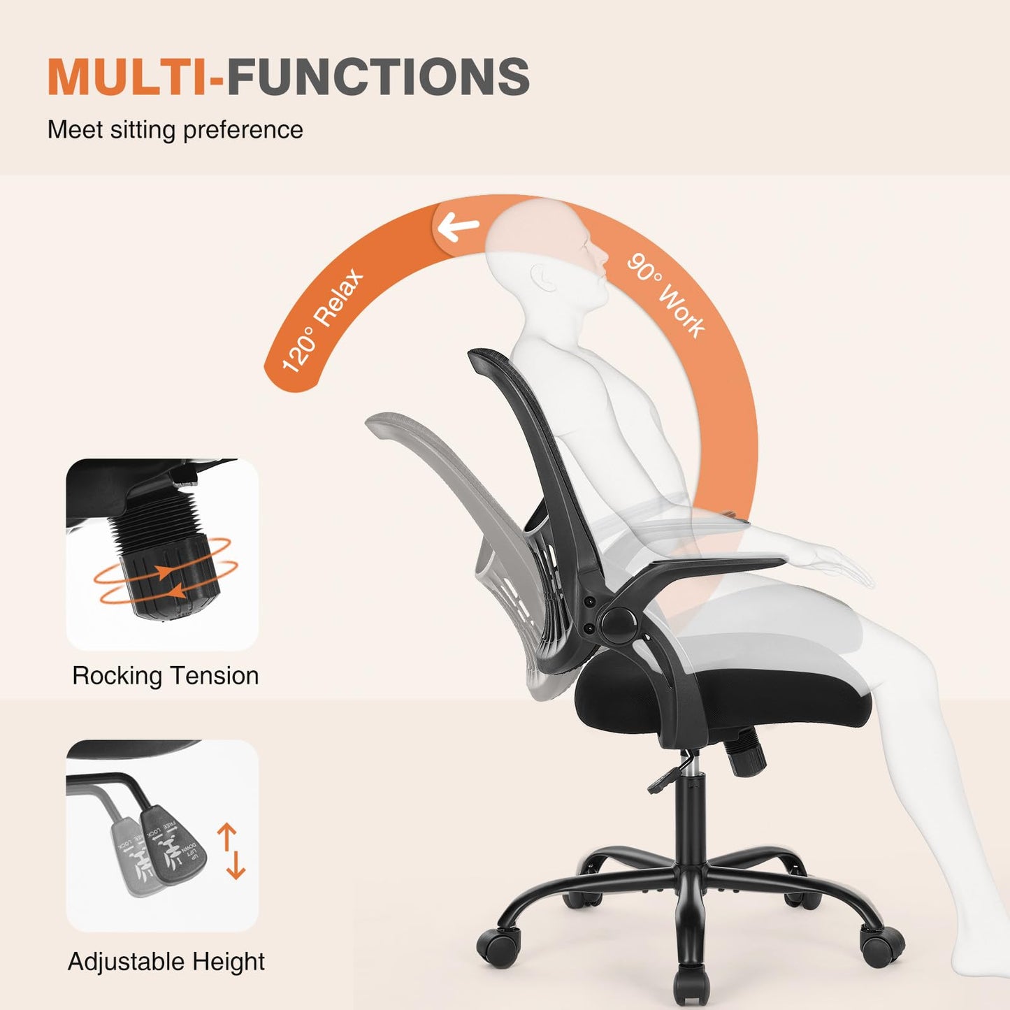 Sweetcrispy Office Computer Desk Chair, Ergonomic Mid-Back Mesh Rolling Work Swivel Task Chairs with Wheels, Comfortable Lumbar Support, Comfy Flip-up Arms for Home, Bedroom, Study, Student, Black