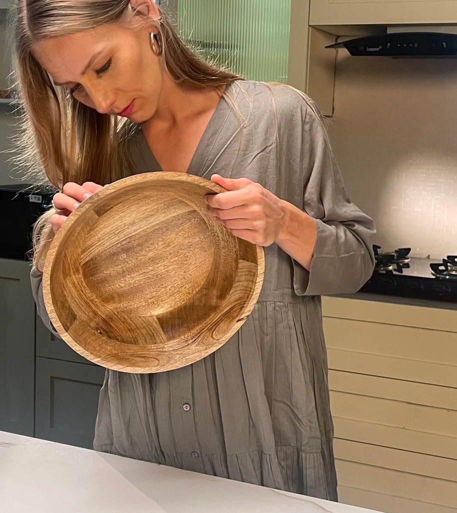 Wooden Salad Bowl, Large Salad Bowl Serving_Natural 12" Dia 4" height_Mango Wood Decorative Bowl for Veggies,fruits,Hand made Wooden serving bowl-Modern Rustic Home Decorations