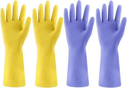 Rubber Kitchen Dishwashing Gloves - 4 Pairs Colorful Reusable Cleaning Gloves for Kitchen Washing Dishes and Household Cleaning(XL, Yellow+Blue)