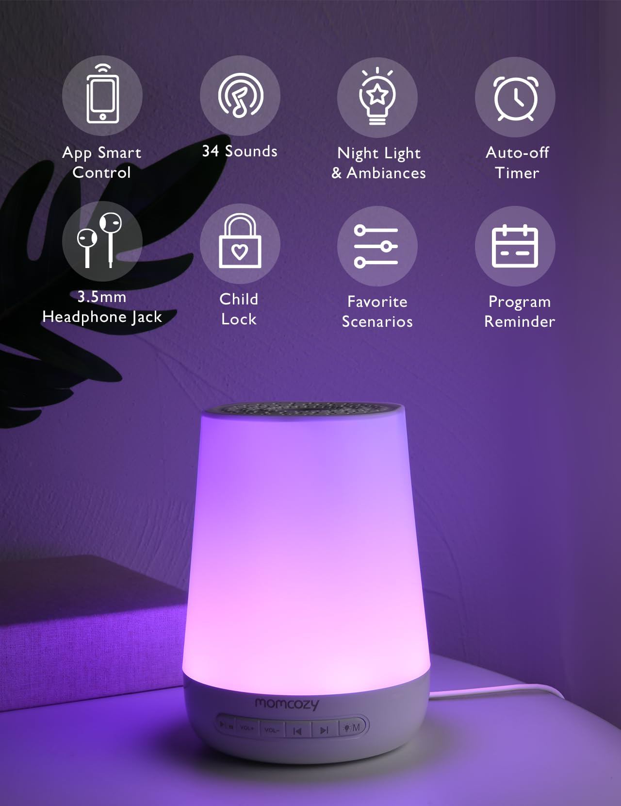 Baby Sound Machine, Momcozy White Noise Machine for Baby Sleeping with Night Light, Toddler Sleep Trainer with 34 Soothing Sounds, Timer, App Remote Control, Personal Sleep Routine (Blue)