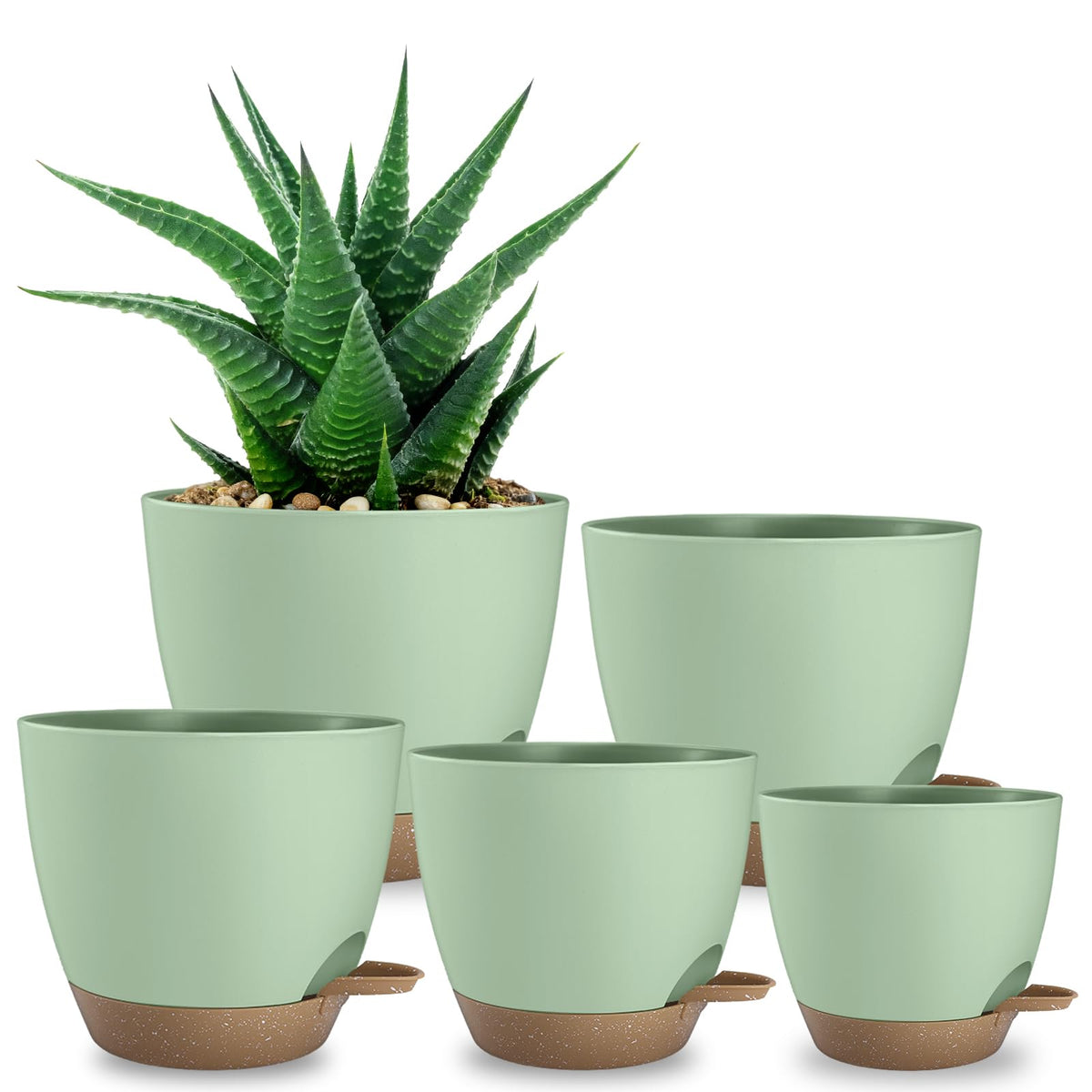Hylitong Plant Pots 8/7.5/7/6.5/6 Inch Self Watering Pots,5 Pack Planters with Drainage Holes and Saucers,Plastic Flower Pots,Nursery Planters for Indoor Outdoor Plants (Green)