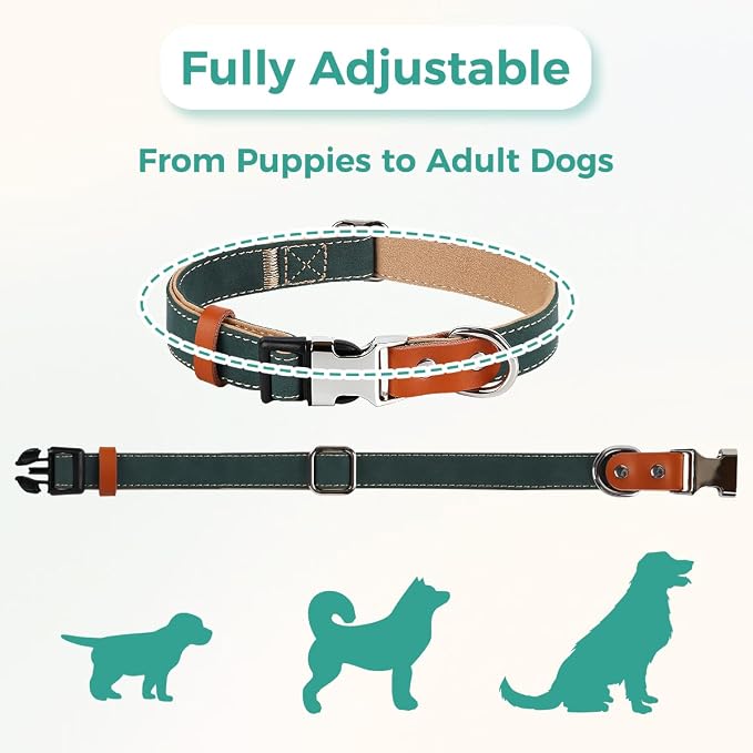 Dog Collar and Leash Set, PU Leather Dog Collar – Adjustable Eco-Friendly with Genuine Leather & Hemp, Soft Breathable Dog Collar Set for Small to Large Dogs(Green, S（10“-16”）)