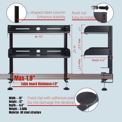 CanKing Desk Clamp Shelf 15 Inch 2 Tier Adjustable Storage Rack