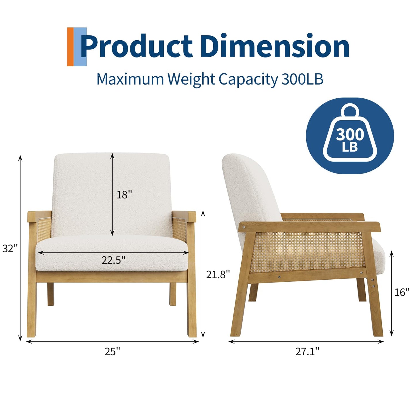 IDEALHOUSE Rattan Accent Chair, Boucle Armchair, Upholstered Reading Chair with Wooden Frame and High Back, Leisure Chairs for Living Room Bedroom Waiting Room Reception, White
