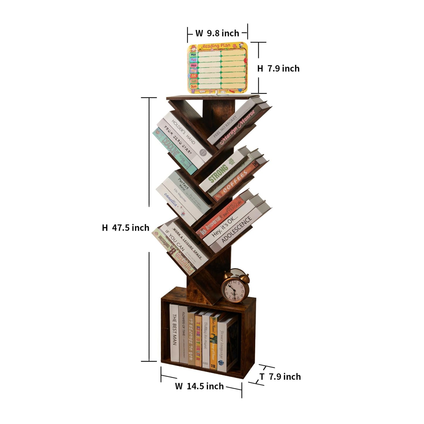 7 Tier Tree Book shelf, Small Bookcase with Reading Planner and Activity Panel, Modern Floor Standing Corner Tall Narrow Storage Cabinet Bookshelves for Home Office Bedroom Living Room (Rustic Brown)
