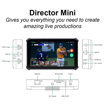 Magewell Director Mini 55110 – Compact Multi-Input Live Production Switcher, Encoder, Streamer & Recorder with 5.5” AMOLED Touchscreen for YouTube, Twitch, Facebook, NDI HX, SRT, RTMP and More