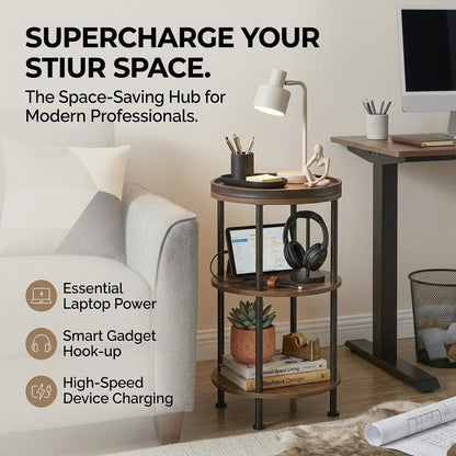 Small Round Side Table with Charging Station for Small Spaces, 3-Tier Round Accent Table with USB Ports & Power Outlets, Corner Table Sofa End Table for Living Room Bedroom (USB Charger, Rustic Brown)