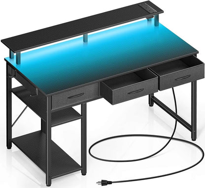 Rolanstar Computer Desk with Power Outlets & LED Light, 39 inch Home Office Desk with 3 Drawers and Storage Shelves, Writing Desk with Monitor Stand, Modern Work Desk for Home Office, Carbon Black