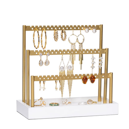 SANY DAYO HOME 3-Tier Earring Holder Organizer Stand, 105 Holes Gold Metal Earring Rack Jewelry Display Tree with White Wood Tray for Women and Girls