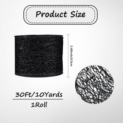 CABODYALS 10 Yards 2.48 Inch Black Glitter Mesh Ribbon Wire Edge Wide Netting Sparkly with Sequins Paillettes Fabric Ribbons for Gift Wrapping Bow Making Bouquet Wedding Home Decor DIY Craft Supply