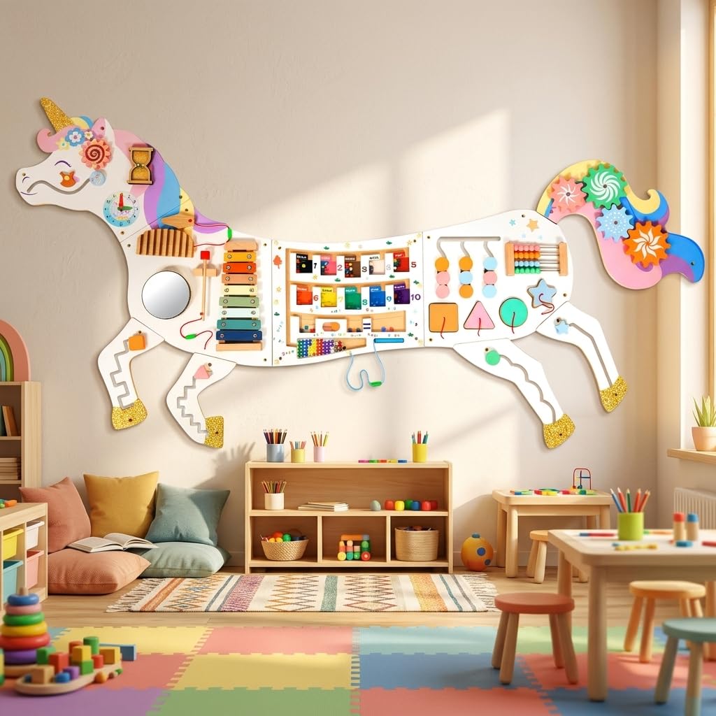 5FT Large Unicorn Activity Wall Busy Board Panels Wooden Learning Activity Center Montessori Sensory Wall Panel for Kids Interactive Educational Toy for Playroom Daycare Nursery Classroom Decor Gift