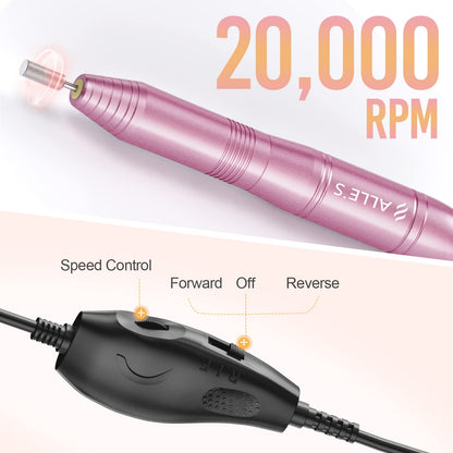 20000RPM Electric Nail Drill Compact Portable Efile Professional Manicure Pedicure Nail File Drill Kit for Acrylic, Gel Nails and Home Salon Use