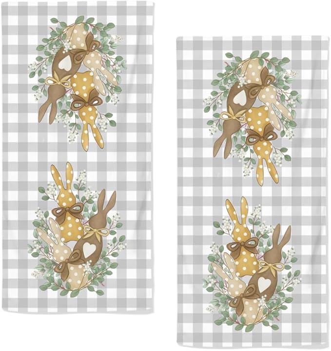 Spring Hand Towels, 2 Packs Buffalo Plaid Easter Bathroom Towels Soft