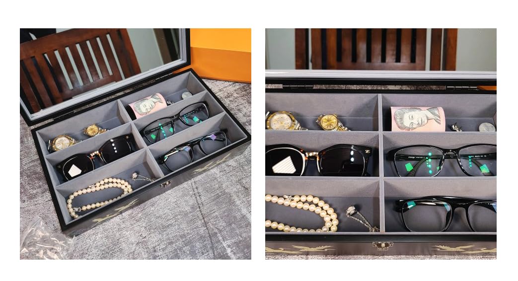 Antique Alive Mother of Pearl Wood Sunglasses Box Eyeglasses Valet Display Storage Case for Glasses, Watches, Jewelry, Trinkets Wooden Accessory Organizer Gift (Crane & Pine Black)