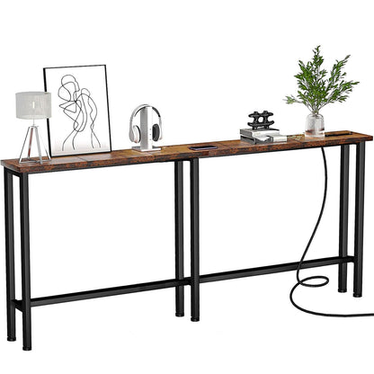 Keelian 70" Narrow Console Sofa Table - Power Outlets & 2 USB Ports, Metal Frame, Rustic Brown, Perfect for Hallway, Office, and Behind Sofa - Easy Assembly, 4.9' Extension Cord Included