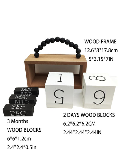Wooden Perpetual Calendar for Desk, Metal Wood Month Date Display for Teachers, Students, Classroom, Rustic Farmhouse Office Decor, Desk Accessories (Black wood beads)