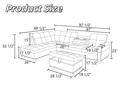 Trygoal 97" Linen 4-Seat L-Shaped Sectional Sofa with Movable Chaise & Storage Ottoman - 3-Piece Modular Convertible Couch for Living Room, Bedroom, Apartment & Office, Grey