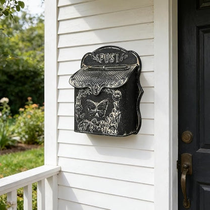Mailbox Wall Mount Mailboxes for Outside Vintage Mail Boxes for House Outside Metal Drop Box Antique Style Nostalgic Charm Home Decorative, Butterfly Pattern, Black