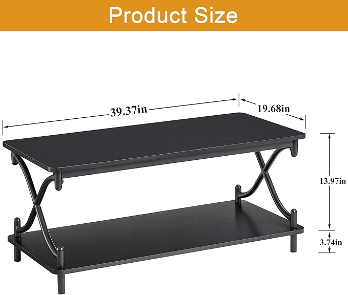 VECELO Coffee Table for Living Room with Round Corners Modern Farmhouse Center Table with Storage Shelf for Home Office 39 Inch, Easy Assembly, Classic Black