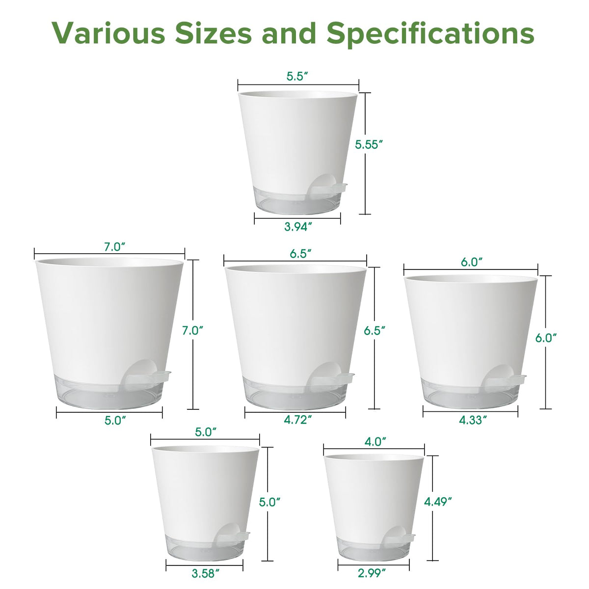 GARDIFE 2026 Upgraded Self Watering Plant Pots with Drainage Hole, 7/6.5/6/5.5/5/4 Inch Flower Planting Containers for House Plants, African Violet, Flowers, Cactus (White, 7+6.5+6+5.5+5+4 inch)