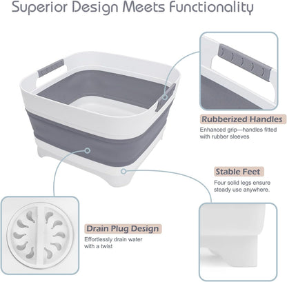 Collapsible Wash Basin with Drain Plug - Space-Saving Multiuse Tub for Washing Dishes, Vegetables - Versatile Soaking Basin for Baby Bottles, Pump Parts - Outdoor Camping Sink for RVs