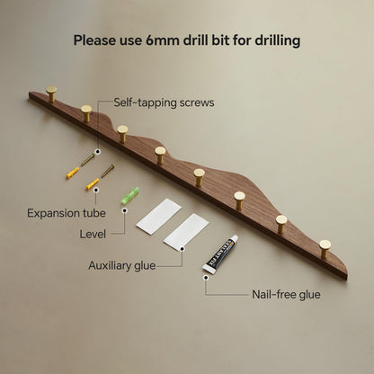 THFLSTR Elegant Wall Coat Rack with Hooks Walnut Wood Solid Coat Hanger Wall Mount with 8 Brass Hooks, Moisture-Resistant Wax Oil Finish for Home (Walnut, 8 Hooks)