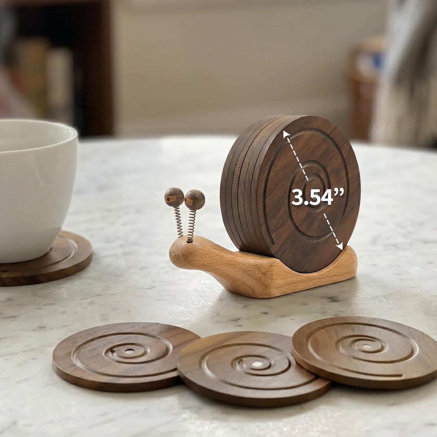 Snail Wooden Coaster Set - 6-Piece Handcrafted Walnut Drink Coasters with Magnetic & Holder - Rustic Table Decor for Home Bar, Cabin, Coffee Table & Housewarming Gifts