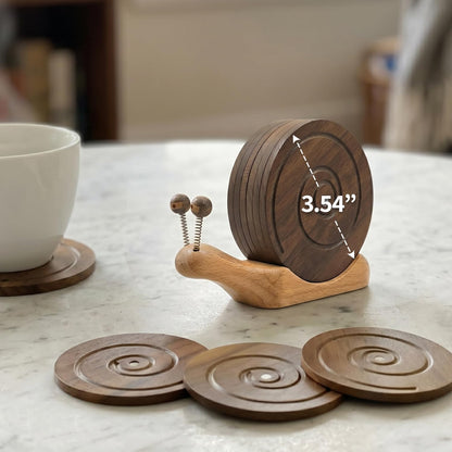 Snail Wooden Coaster Set - 6-Piece Handcrafted Walnut Drink Coasters with Magnetic & Holder - Rustic Table Decor for Home Bar, Cabin, Coffee Table & Housewarming Gifts