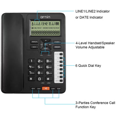Ornin 2-Line Corded Telephone Systems for Small Business and House, Desk Phone Only (Black)