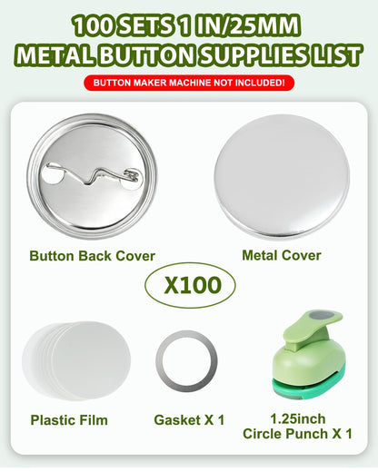 UCEC 100 Sets Button Maker Supplies, 1 inch Metal Buttons & 1.25 inch Circle Punch with Metal Backs, Pin Maker Supplies, Button Making Parts, Badge Makers Kit (Pin Maker Machine Not Included)