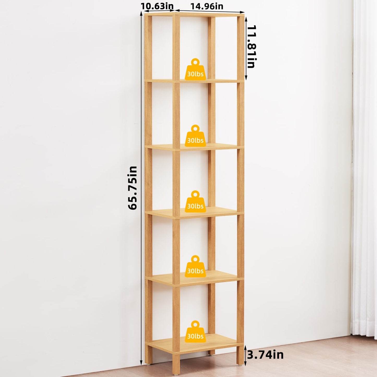 YUFAM 66in Tall Bookshelf 6-Tier Small Narrow Bookcase, Skinny Book Shelf for Small Space, Farmhouse Slim Shelf with Storage, Wood Freestanding Display Thin Bookshelves for Living Room, Natural
