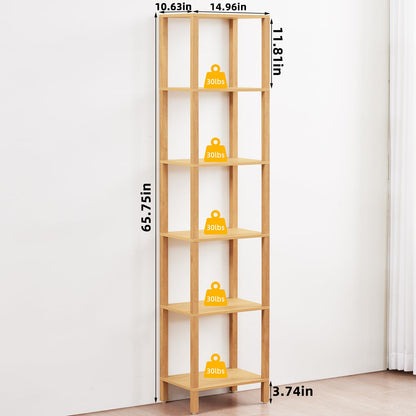 YUFAM 66in Tall Bookshelf 6-Tier Small Narrow Bookcase, Skinny Book Shelf for Small Space, Farmhouse Slim Shelf with Storage, Wood Freestanding Display Thin Bookshelves for Living Room, Natural