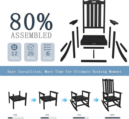 Oversized Rocking Chair Set of 8, Outdoor Rocking Chair for Adults, All Weather Resistant Porch Rocker for Lawn Garden, Black