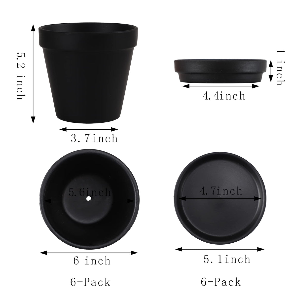 Yishang Large Terra Cotta Pots with Saucer- 6 Pack Large 6'' Terra Cotta Plant Pot with Drainage Hole, Flower Pot with Tray, Terracotta Pot for Indoor Outdoor Plant(Black)