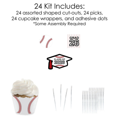 Big Dot of Happiness Grad Baseball - Cupcake Decoration - 2026 Graduation Party Cupcake Wrappers and Treat Picks Kit - Set of 24