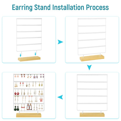 shidaishiye Earring Holder Organizer, 5-Tier Earring Organizer with 60-Pair Capacity, Wooden Base Metal Earring Display, Jewelry Storage & Display for Home Store, Suitable for Women