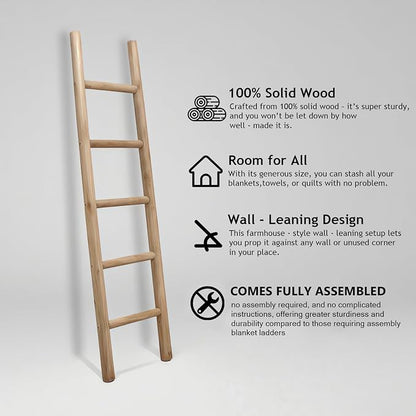 Wooden Blanket Ladder Natural & Motley Wood - Leaning Wall Decor for Bedroom, Bathroom, Living Room - Rustic Quilt Holder & Towel Rack (Natural Wood Color 57in, 57in | Fully Assembled)