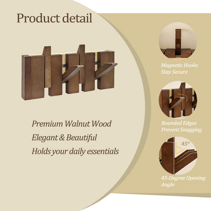 ZOESEEK 11.8" Wooden Piano Key Coat Rack Wall Mounted, 4 Hooks Natural Walnut Wall Coat Rack, Wall Mounted Coat Rack for Hanging Coats/Hats/Keys/Towels/Bags