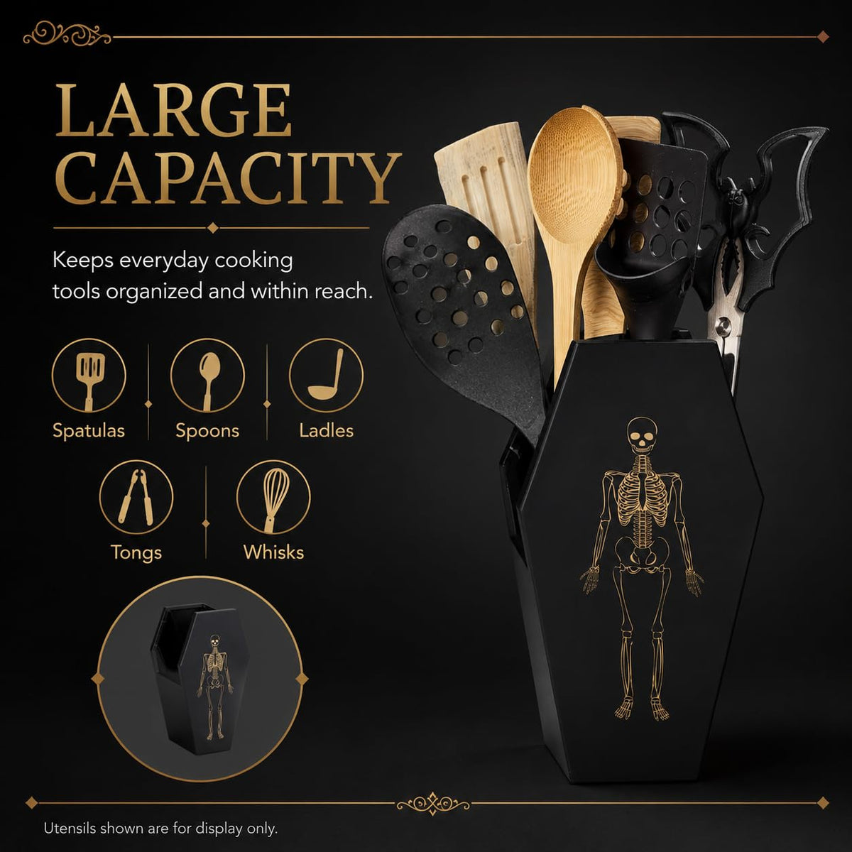 TOSOENPHY Halloween Gothic Kitchen Decor - Goth Coffin Utensil Holder (Utensils Not Included), Dual-Sided Laser-Etched Skeleton, Solid Wood Large Capacity for Spooky Bats Spoons Skull Spatulas