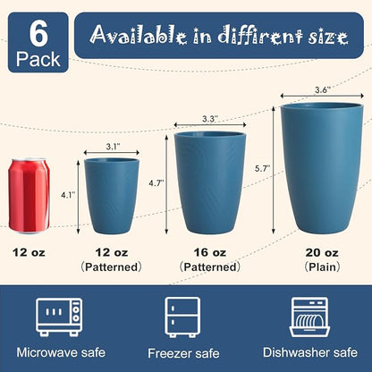 Wheat Straw Cups, Plastic Cups Unbreakable Drinking Cups Set of 6, Reusable Plastic Cup 12 OZ, Dishwasher Safe Tumblers & Water Glasses, Multi