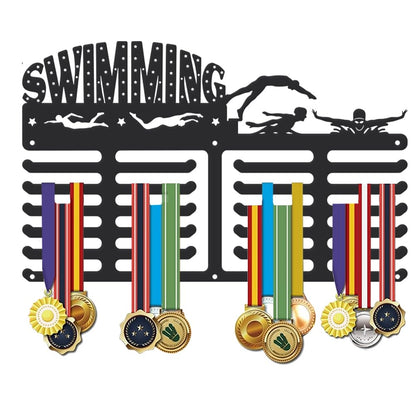 SUPERDANT Swimming Medal Hanger Swim Stars Medals Holder Personalised Award Black Metal Rack Wall Mount Sports Hanging 4 Rows 22 Hangers Non-Slip Hooks Gifts for Man Woman Athletes